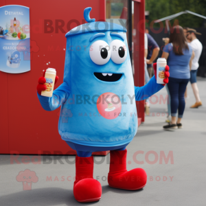 Blue Bottle Of Ketchup mascot costume character dressed with a Denim Shorts and Smartwatches