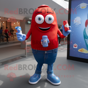 Blue Bottle Of Ketchup mascot costume character dressed with a Denim Shorts and Smartwatches