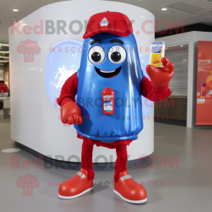 Blue Bottle Of Ketchup mascot costume character dressed with a Denim Shorts and Smartwatches