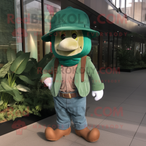 Forest Green Croissant mascot costume character dressed with a Boyfriend Jeans and Hat pins