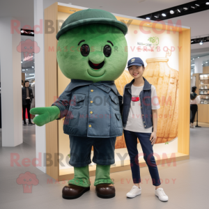 Forest Green Croissant mascot costume character dressed with a Boyfriend Jeans and Hat pins