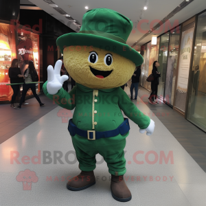 Forest Green Croissant mascot costume character dressed with a Boyfriend Jeans and Hat pins