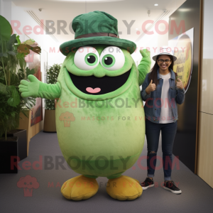 Forest Green Croissant mascot costume character dressed with a Boyfriend Jeans and Hat pins