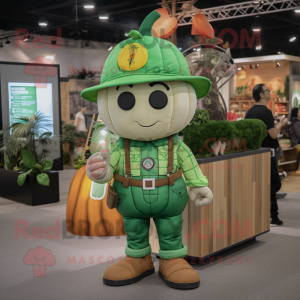 Green Pumpkin mascot costume character dressed with a Overalls and Bracelet watches