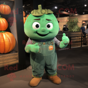 Green Pumpkin mascot costume character dressed with a Overalls and Bracelet watches