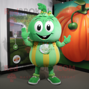 Green Pumpkin mascot costume character dressed with a Overalls and Bracelet watches