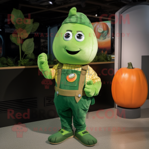 Green Pumpkin mascot costume character dressed with a Overalls and Bracelet watches