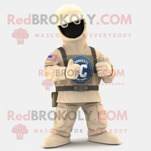 Cream Gi Joe mascot costume character dressed with a Jeans and Rings