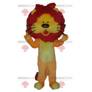 Mascote leão amarelo alaranjado e vermelho com uma juba bonita