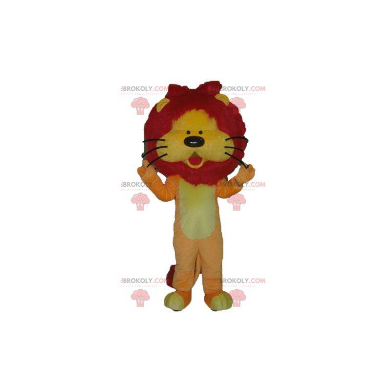 Mascote leão amarelo alaranjado e vermelho com uma juba bonita