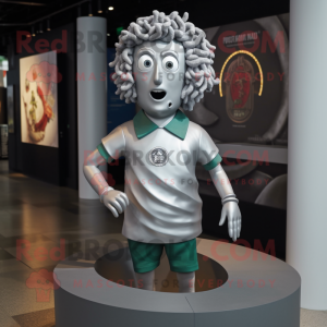 Silver Medusa mascot costume character dressed with a T-Shirt and Lapel pins