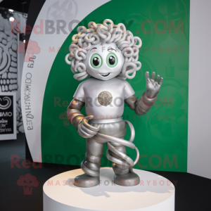 Silver Medusa mascot costume character dressed with a T-Shirt and Lapel pins