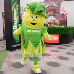 Lime Green Caesar Salad mascot costume character dressed with a Running Shorts and Shawls