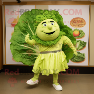 Lime Green Caesar Salad mascot costume character dressed with a Running Shorts and Shawls
