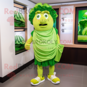 Lime Green Caesar Salad mascot costume character dressed with a Running Shorts and Shawls
