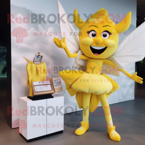 Yellow Tooth Fairy mascot costume character dressed with a Bikini and Wallets
