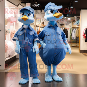Blue Geese mascot costume character dressed with a Mom Jeans and Headbands