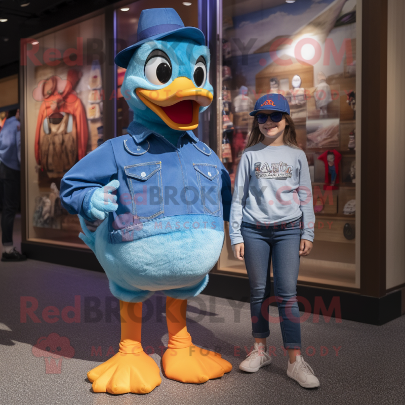 Blue Geese mascot costume character dressed with a Mom Jeans and Headbands Blue Geese mascot costume character dressed with a Mom Jeans and Headbands