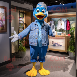 Blue Geese mascot costume character dressed with a Mom Jeans and Headbands