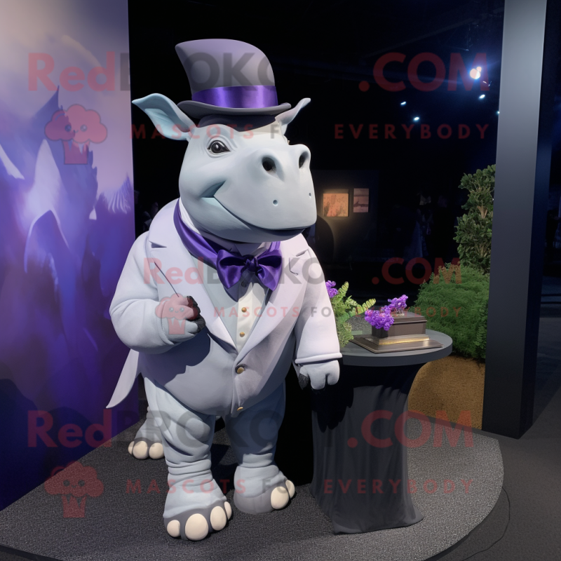 Lavender Rhinoceros mascot costume character dressed with a Tuxedo and Beanies Lavender Rhinoceros mascot costume character dressed with a Tuxedo and Beanies