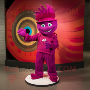 Magenta Plate Spinner mascot costume character dressed with a Corduroy Pants and Headbands