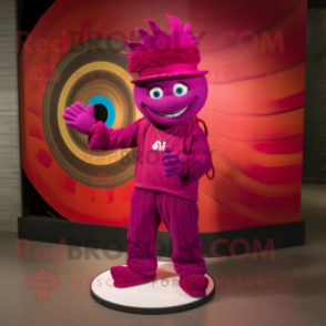 Magenta Plate Spinner mascot costume character dressed with a Corduroy Pants and Headbands