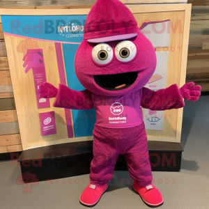 Magenta Plate Spinner mascot costume character dressed with a Corduroy Pants and Headbands