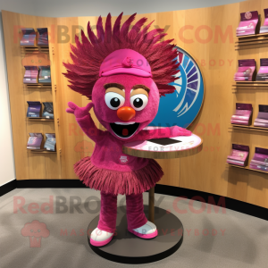 Magenta Plate Spinner mascot costume character dressed with a Corduroy Pants and Headbands