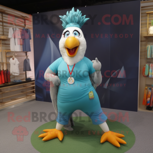 Cyan Rooster mascot costume character dressed with a Yoga Pants and Keychains