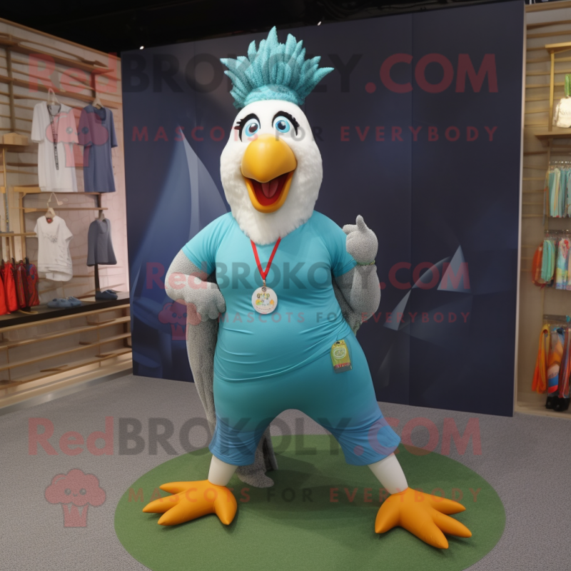 Cyan Rooster mascot costume character dressed with a Yoga Pants and Keychains Cyan Rooster mascot costume character dressed with a Yoga Pants and Keychains