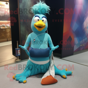 Cyan Rooster mascot costume character dressed with a Yoga Pants and Keychains