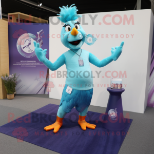 Cyan Rooster mascot costume character dressed with a Yoga Pants and Keychains