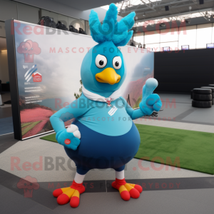 Cyan Rooster mascot costume character dressed with a Yoga Pants and Keychains
