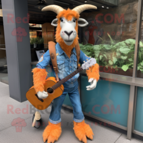 Orange Goat mascot costume character dressed with a Denim Shirt and Messenger bags