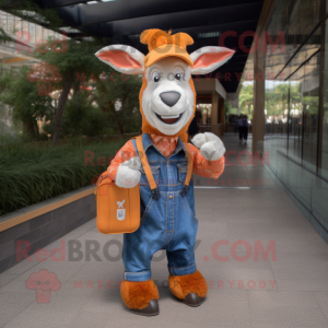 Orange Goat mascot costume character dressed with a Denim Shirt and Messenger bags