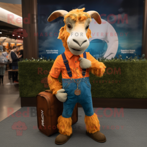 Orange Goat mascot costume character dressed with a Denim Shirt and Messenger bags