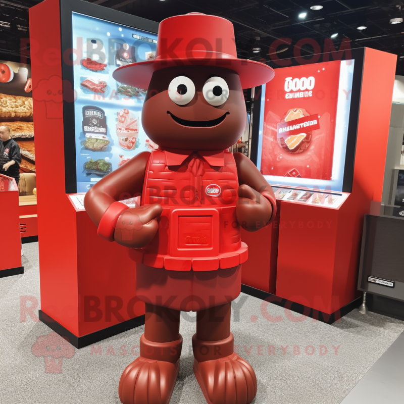 Red Chocolate Bar mascot costume character dressed with a Polo Shirt and Hats Red Chocolate Bar mascot costume character dressed with a Polo Shirt and Hats