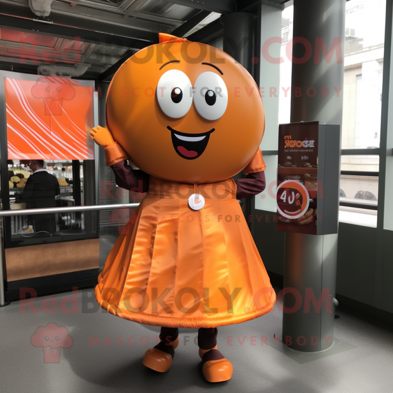 Orange Chocolate Bar mascot costume character dressed with a Circle Skirt and Tie pins