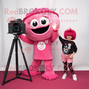 Pink Camera mascot costume character dressed with a Flare Jeans and Watches