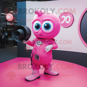 Pink Camera mascot costume character dressed with a Flare Jeans and Watches