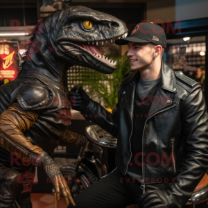 Black Velociraptor mascot costume character dressed with a Leather Jacket and Watches