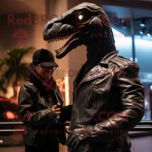Black Velociraptor mascot costume character dressed with a Leather Jacket and Watches