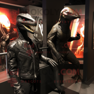 Black Velociraptor mascot costume character dressed with a Leather Jacket and Watches