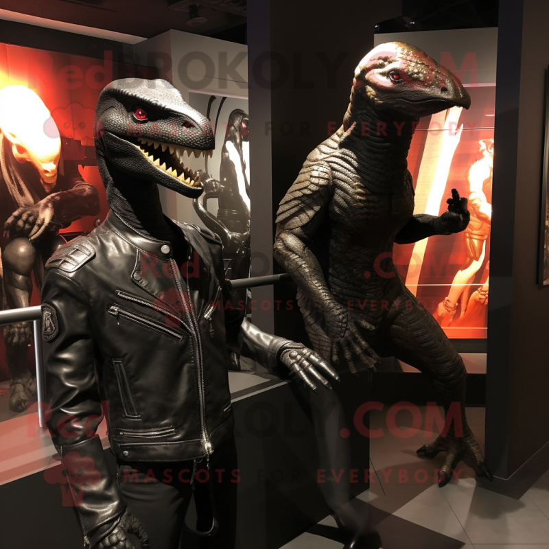 Black Velociraptor mascot costume character dressed with a Leather Jacket and Watches Black Velociraptor mascot costume character dressed with a Leather Jacket and Watches