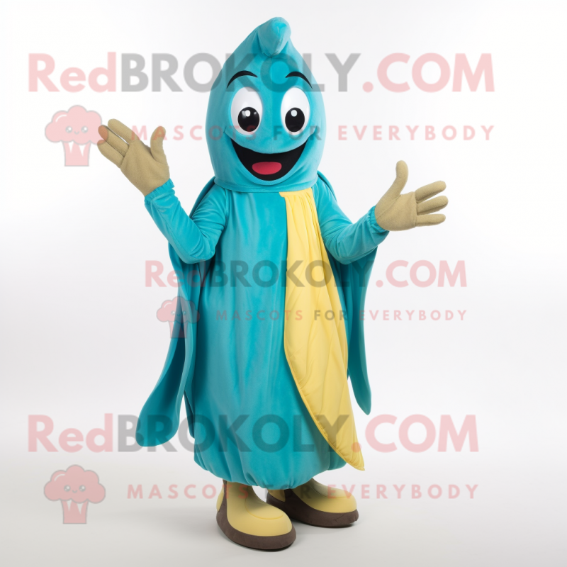 Turquoise Banana mascot costume character dressed with a A-Line Dress and Gloves