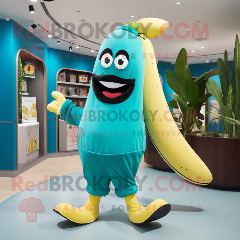 Turquoise Banana mascot costume character dressed with a A-Line Dress and Gloves