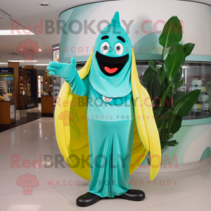 Turquoise Banana mascot costume character dressed with a A-Line Dress and Gloves
