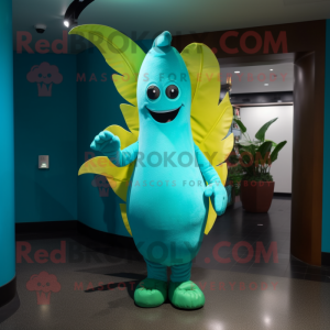 Turquoise Banana mascot costume character dressed with a A-Line Dress and Gloves
