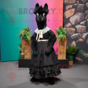Black Llama mascot costume character dressed with a Maxi Dress and Bow ties