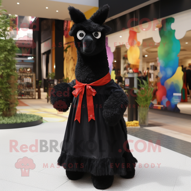 Black Llama mascot costume character dressed with a Maxi Dress and Bow ties Black Llama mascot costume character dressed with a Maxi Dress and Bow ties